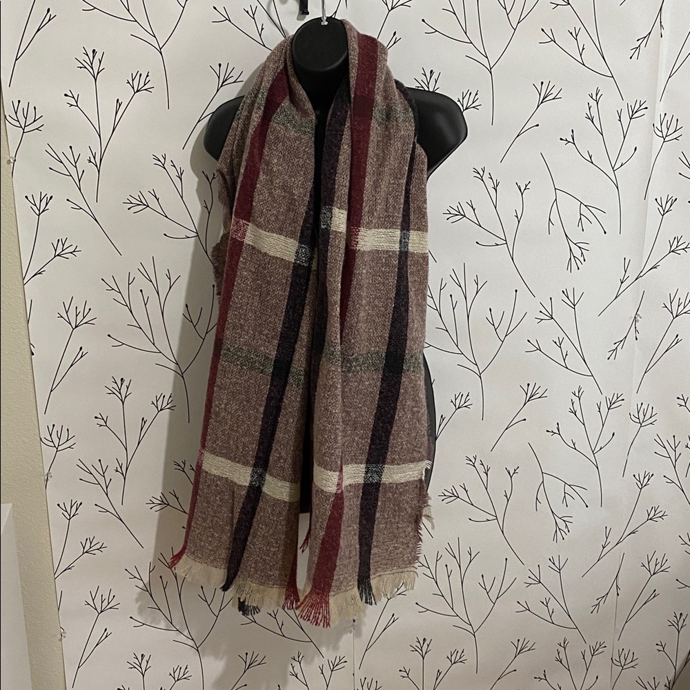 Plaid Wool Scarf in Red and Brown
